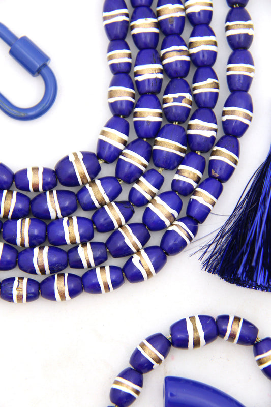 Bone Beads: Navy Barrel Tube Beads w/ White & Gold Stripes, 7x12mm