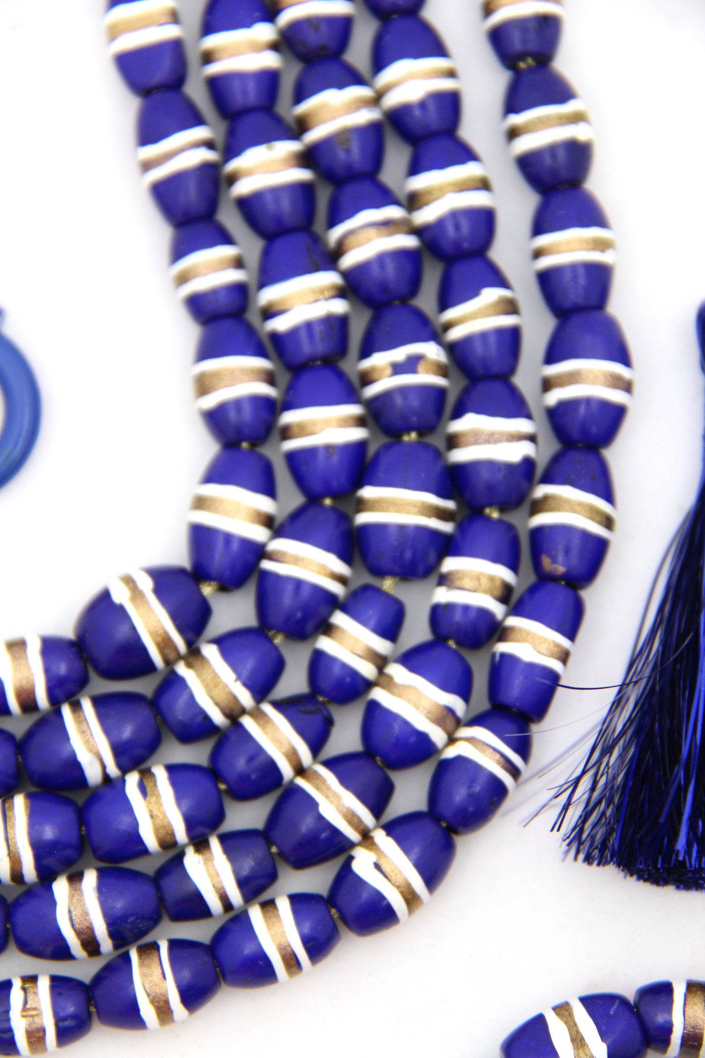 Bone Beads: Navy Barrel Tube Beads w/ White & Gold Stripes, 7x12mm