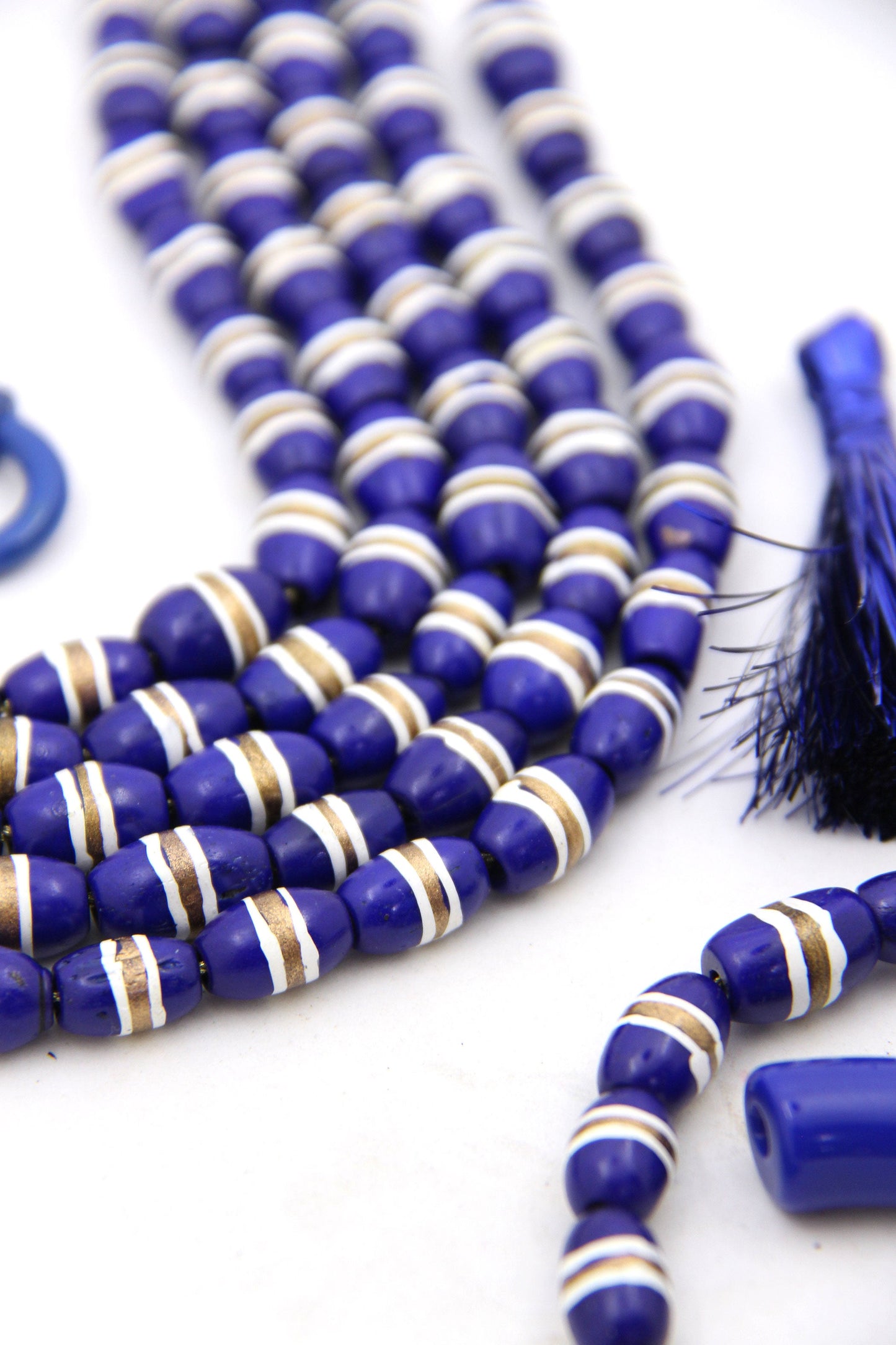 Bone Beads: Navy Barrel Tube Beads w/ White & Gold Stripes, 7x12mm