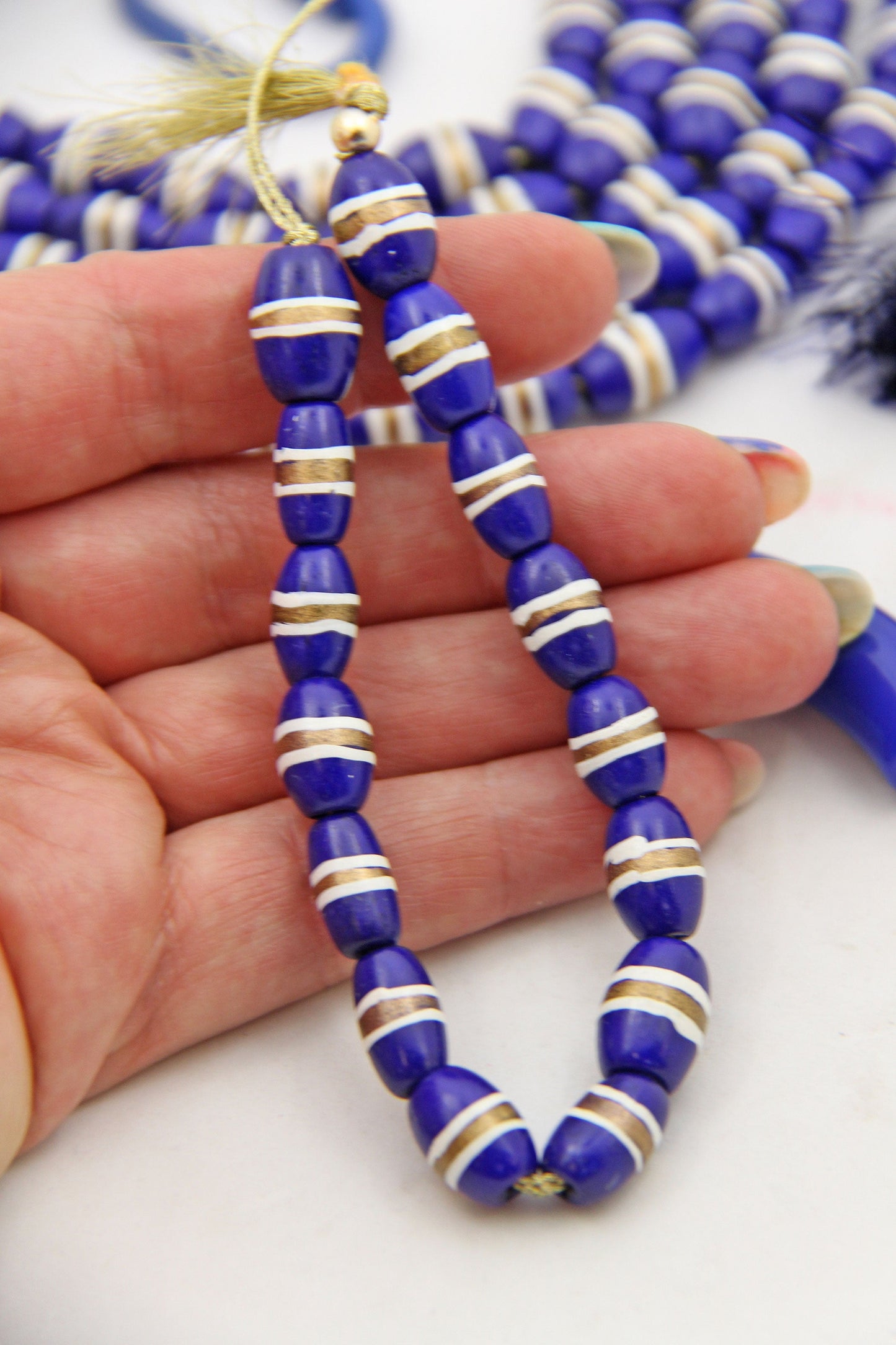 Bone Beads: Navy Barrel Tube Beads w/ White & Gold Stripes, 7x12mm