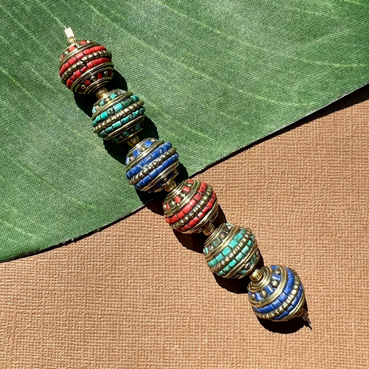 Tibetan Brass & Stone Round Beads - 2 Pieces