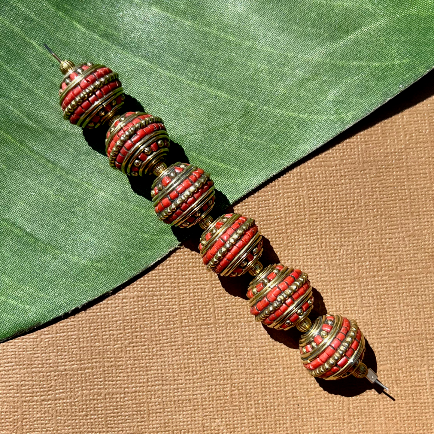 Tibetan Brass & Stone Round Beads - 2 Pieces