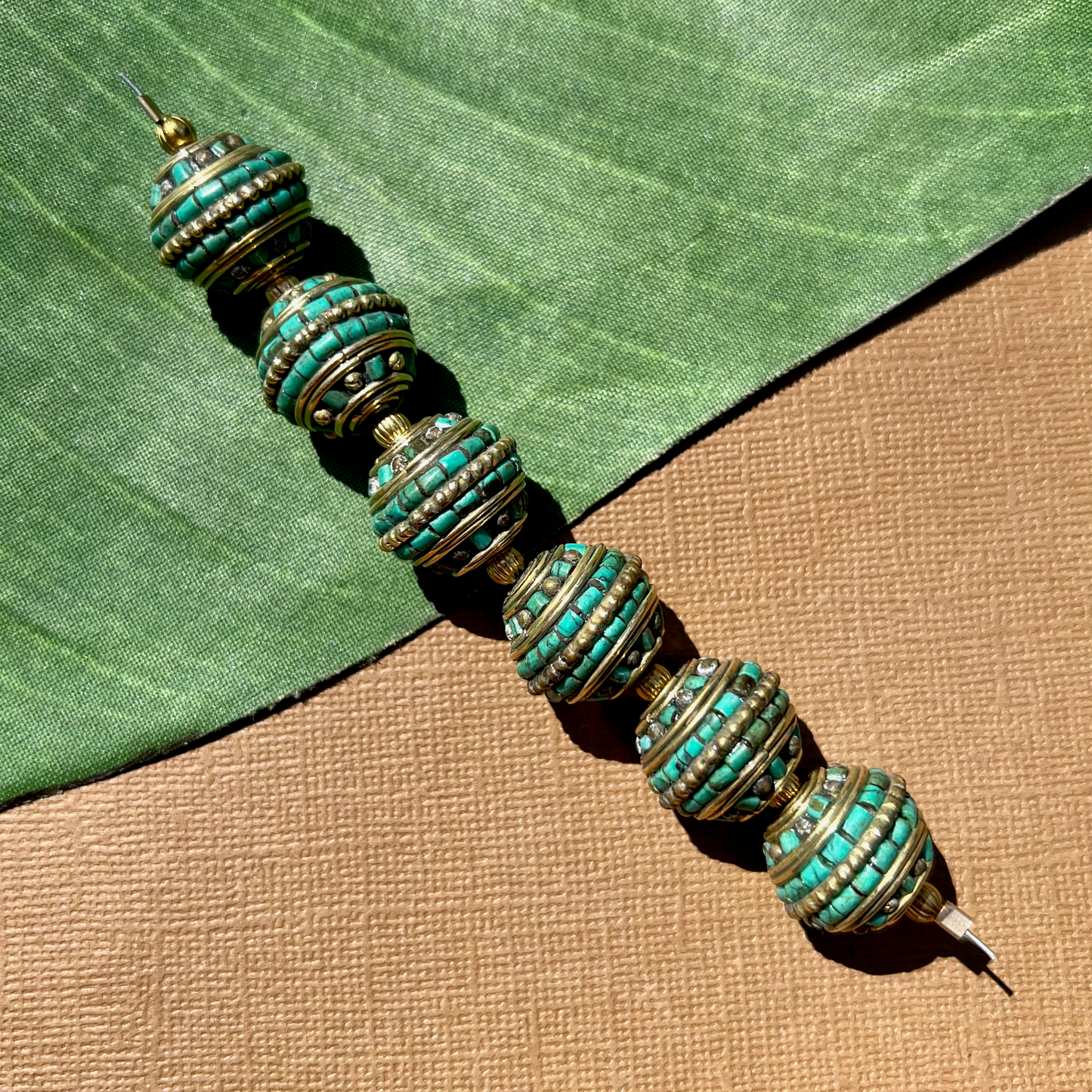 Tibetan Brass & Stone Round Beads - 2 Pieces