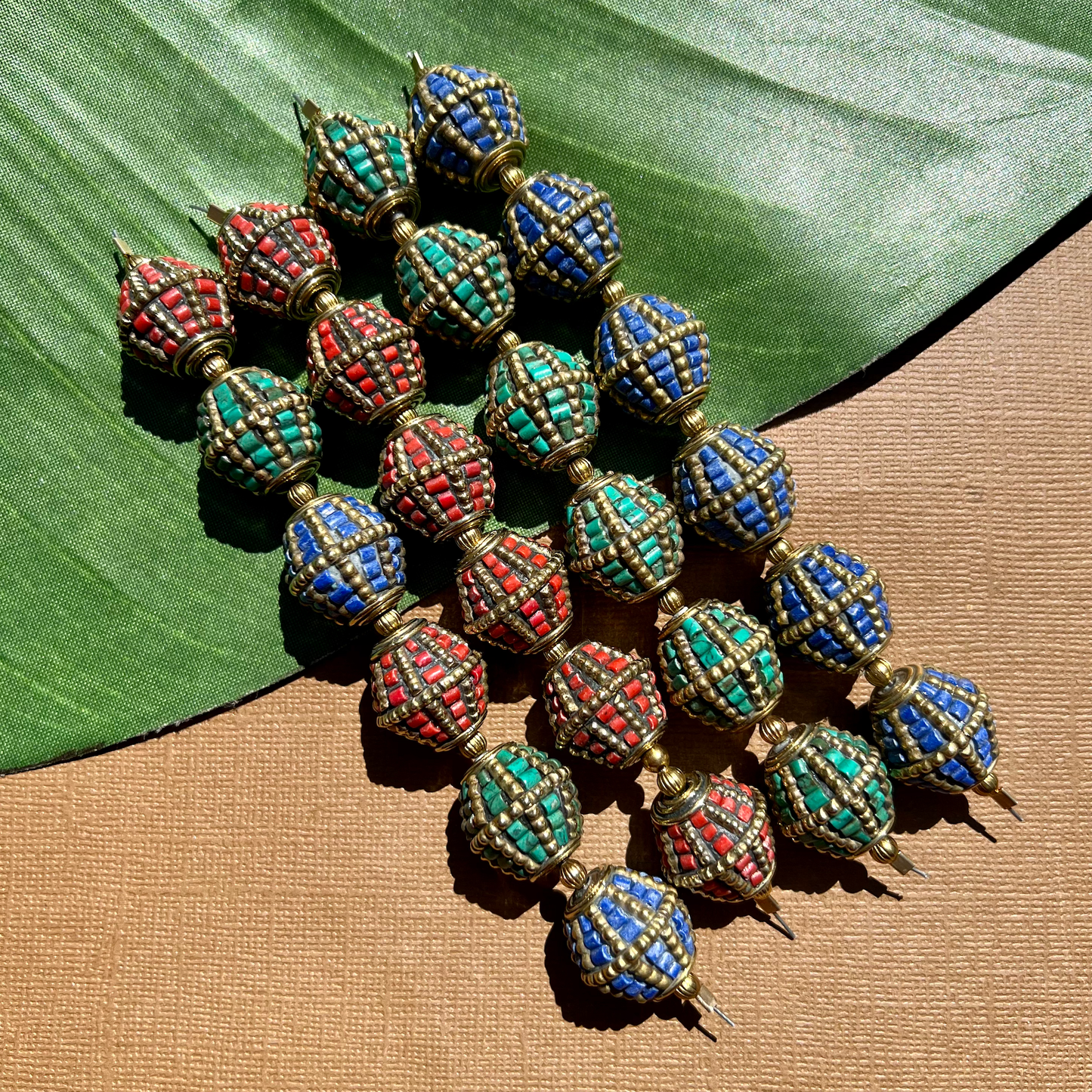 Tibetan Brass & Stone Bi-Cone Beads - 2 Pieces