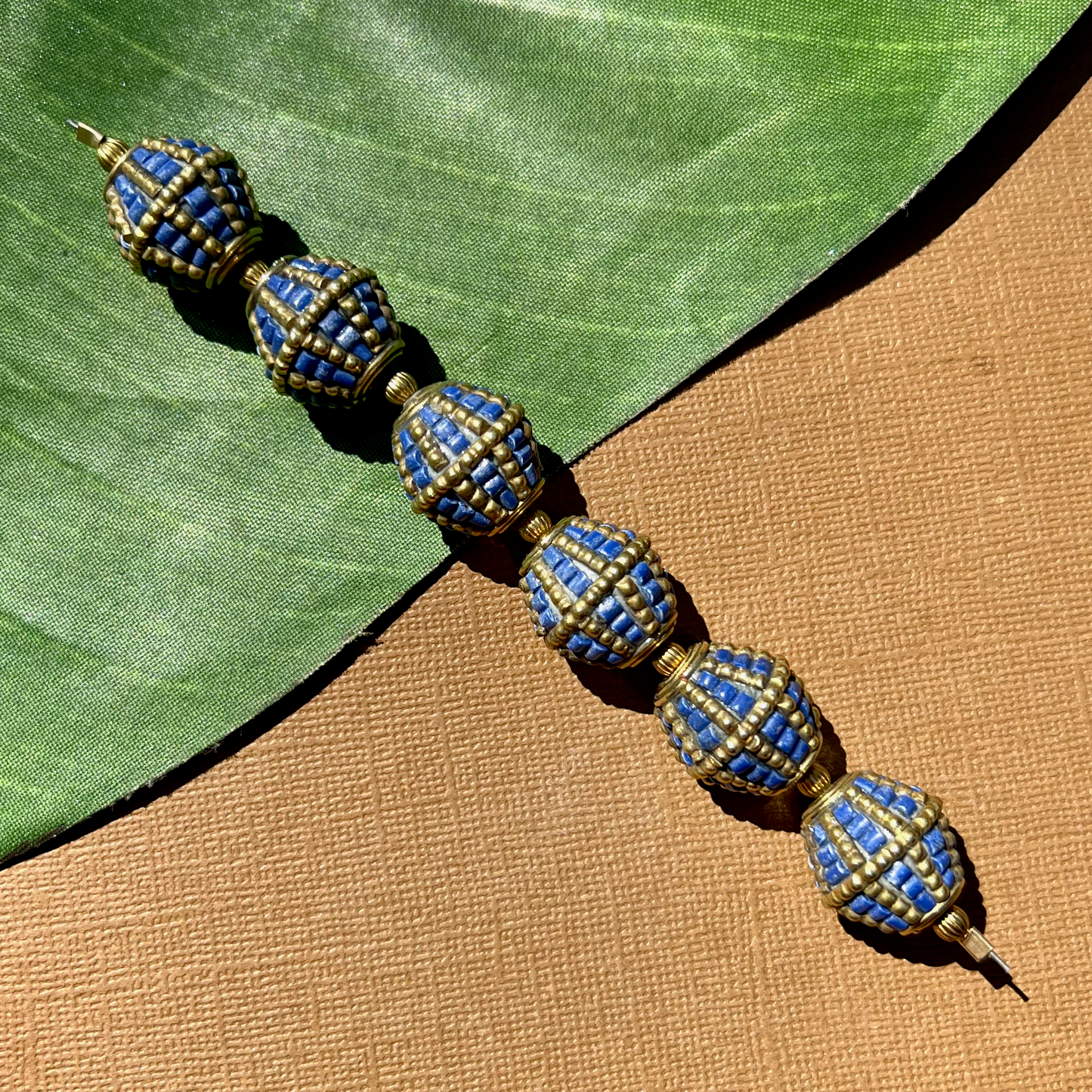 Tibetan Brass & Stone Bi-Cone Beads - 2 Pieces