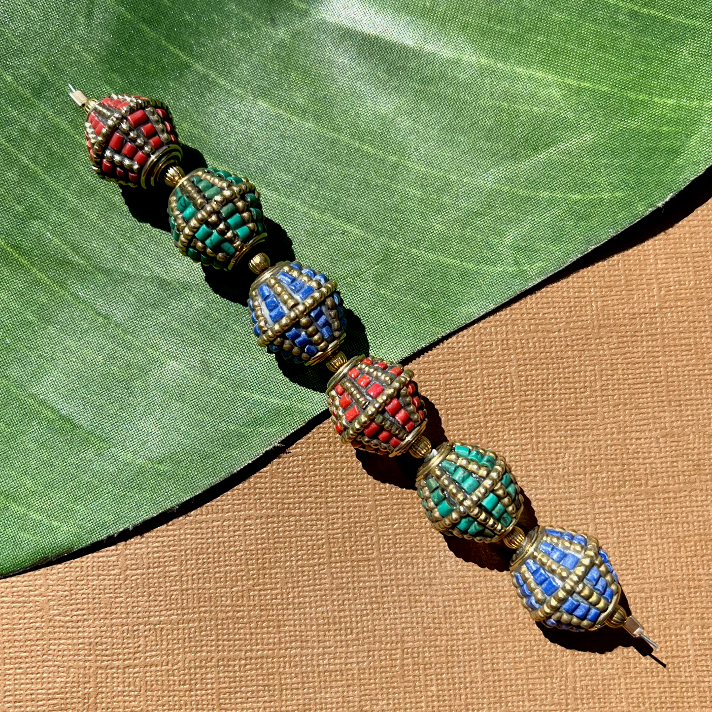 Tibetan Brass & Stone Bi-Cone Beads - 2 Pieces
