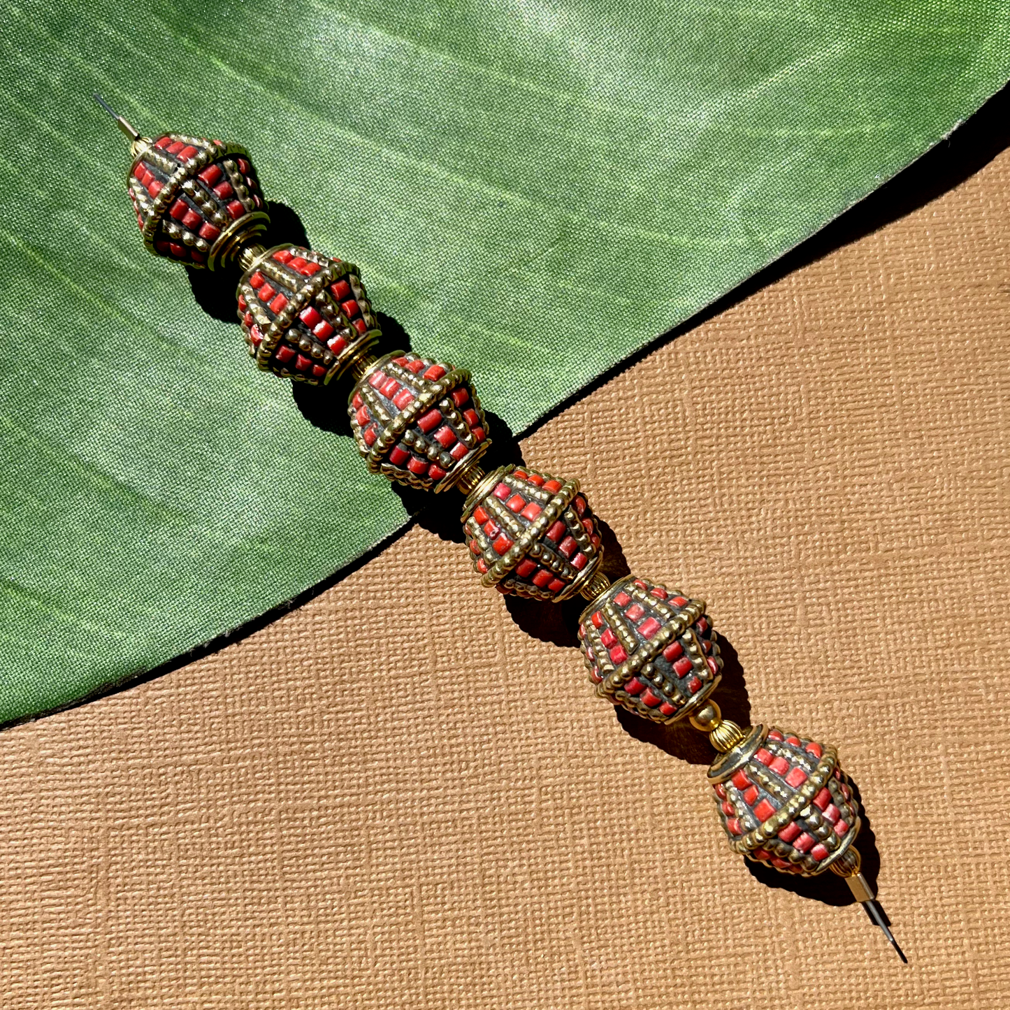 Tibetan Brass & Stone Bi-Cone Beads - 2 Pieces