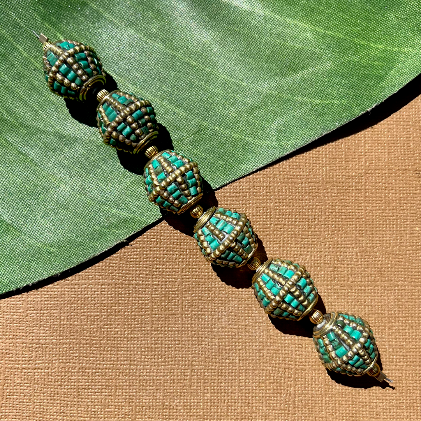 Tibetan Brass & Stone Bi-Cone Beads - 2 Pieces