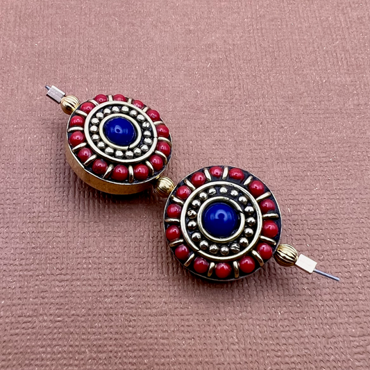 Tibetan Brass & Stone Disc Beads - 2 Pieces