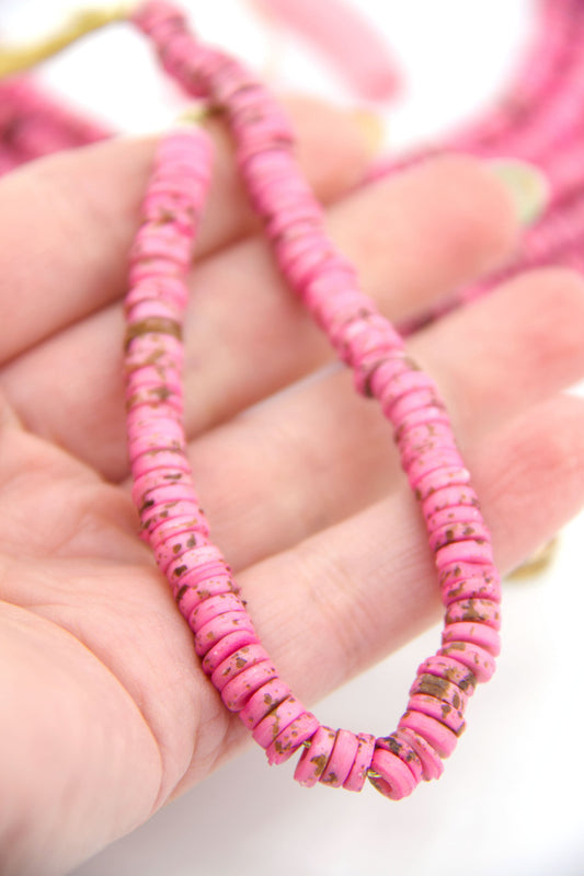 7mm Pink Speckled Bone Beads, Valentine's Day Beads, 100 beads, Heishi Discs