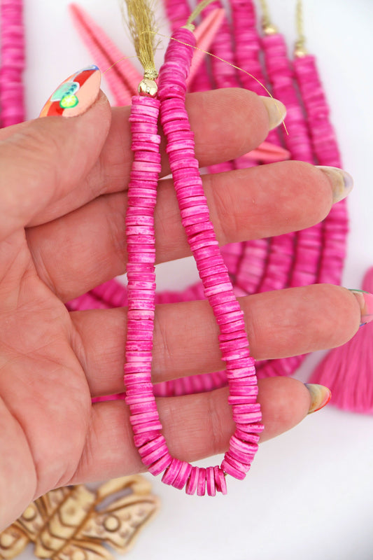Bright Pink Bone Heishi Disc Beads, 7mm, 100 beads