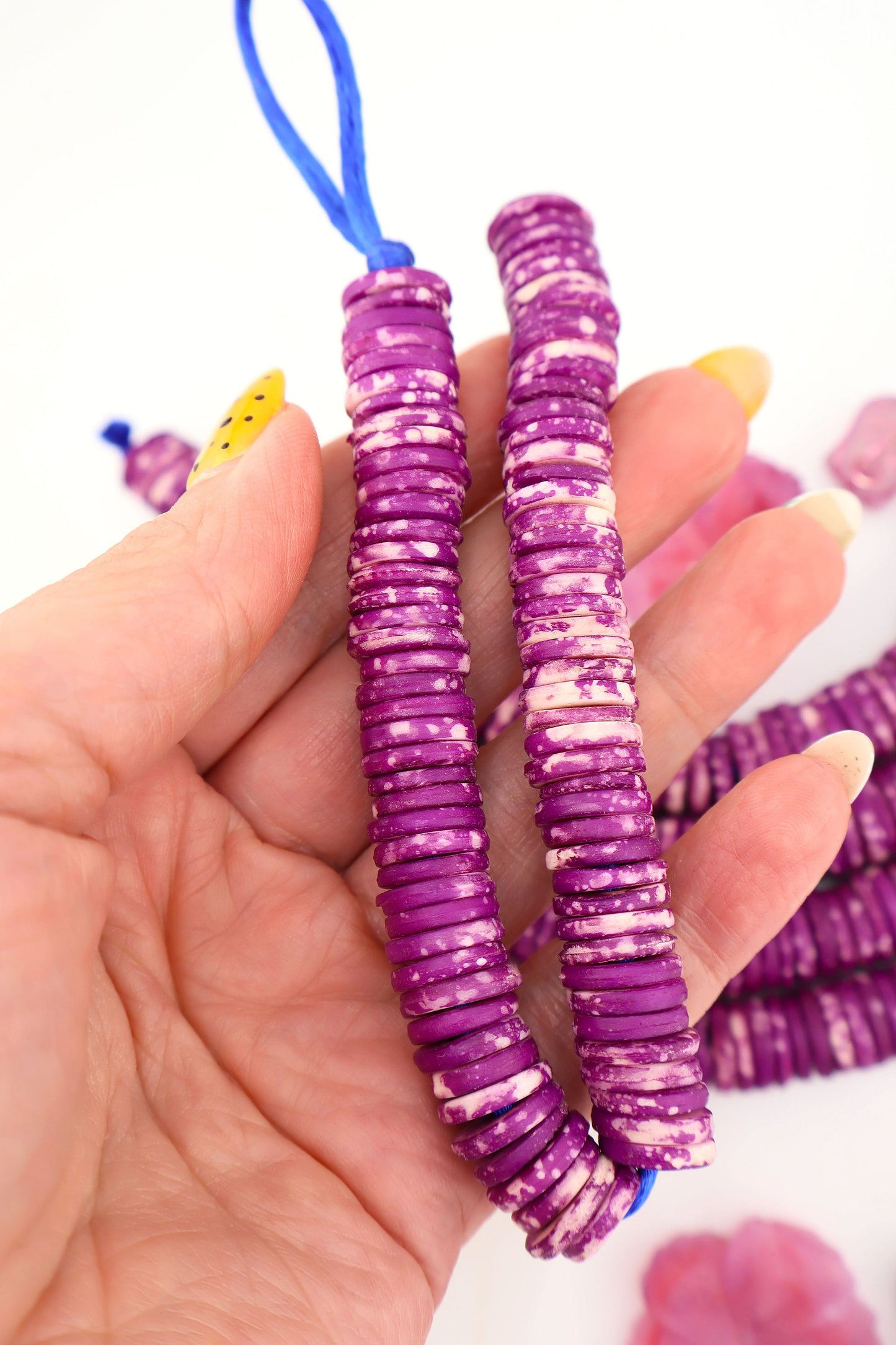 12mm Heishi Purple & White Speckled Bone Beads: Disc Spacers, 85 beads