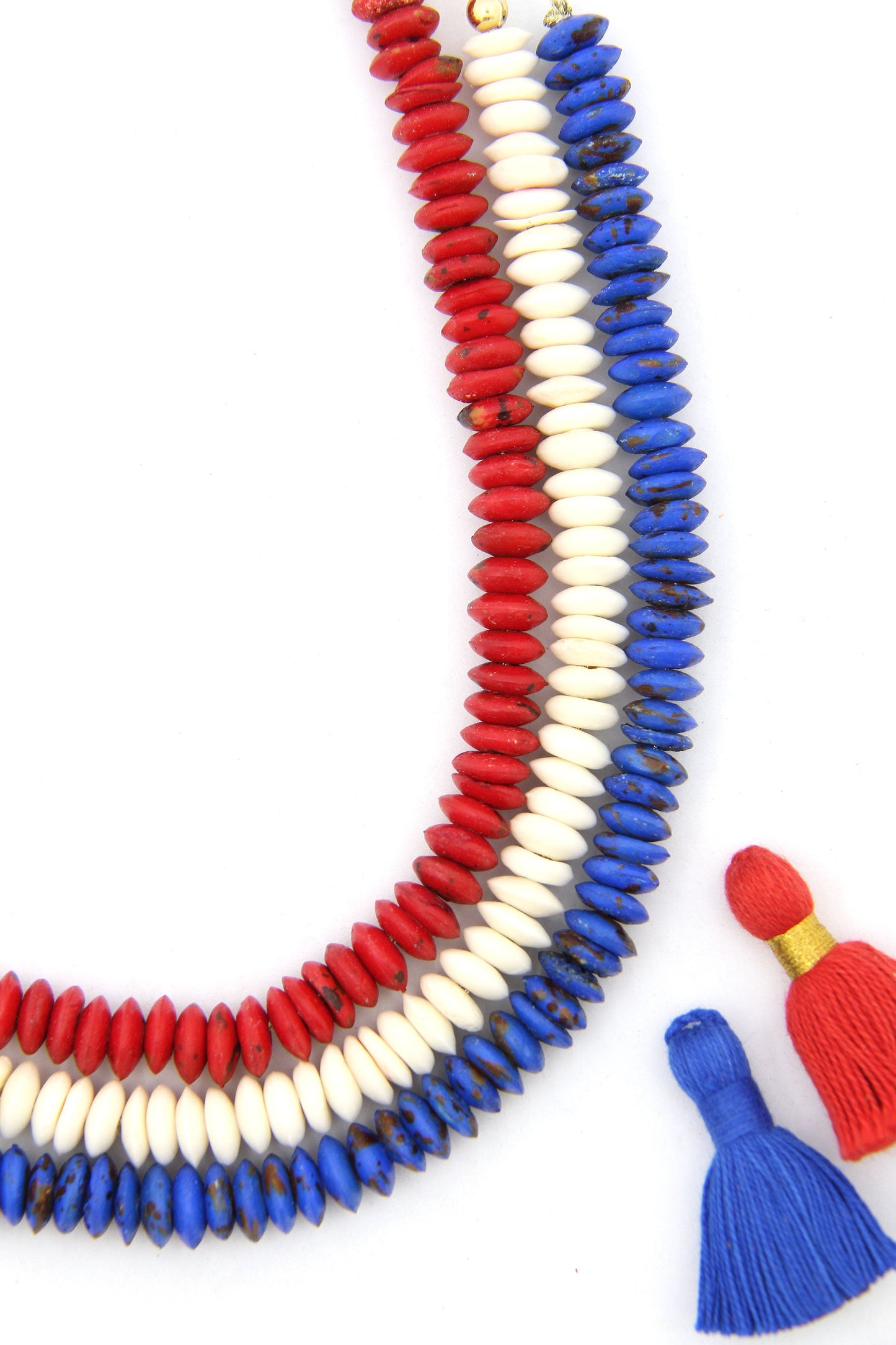 Bead Bundle: Red, White, Blue Handmade Heishi Disc Spacer Bone Beads, 9x3mm, 3 Strands, 195+ Beads