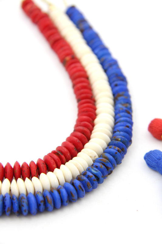 Bead Bundle: Red, White, Blue Handmade Heishi Disc Spacer Bone Beads, 9x3mm, 3 Strands, 195+ Beads