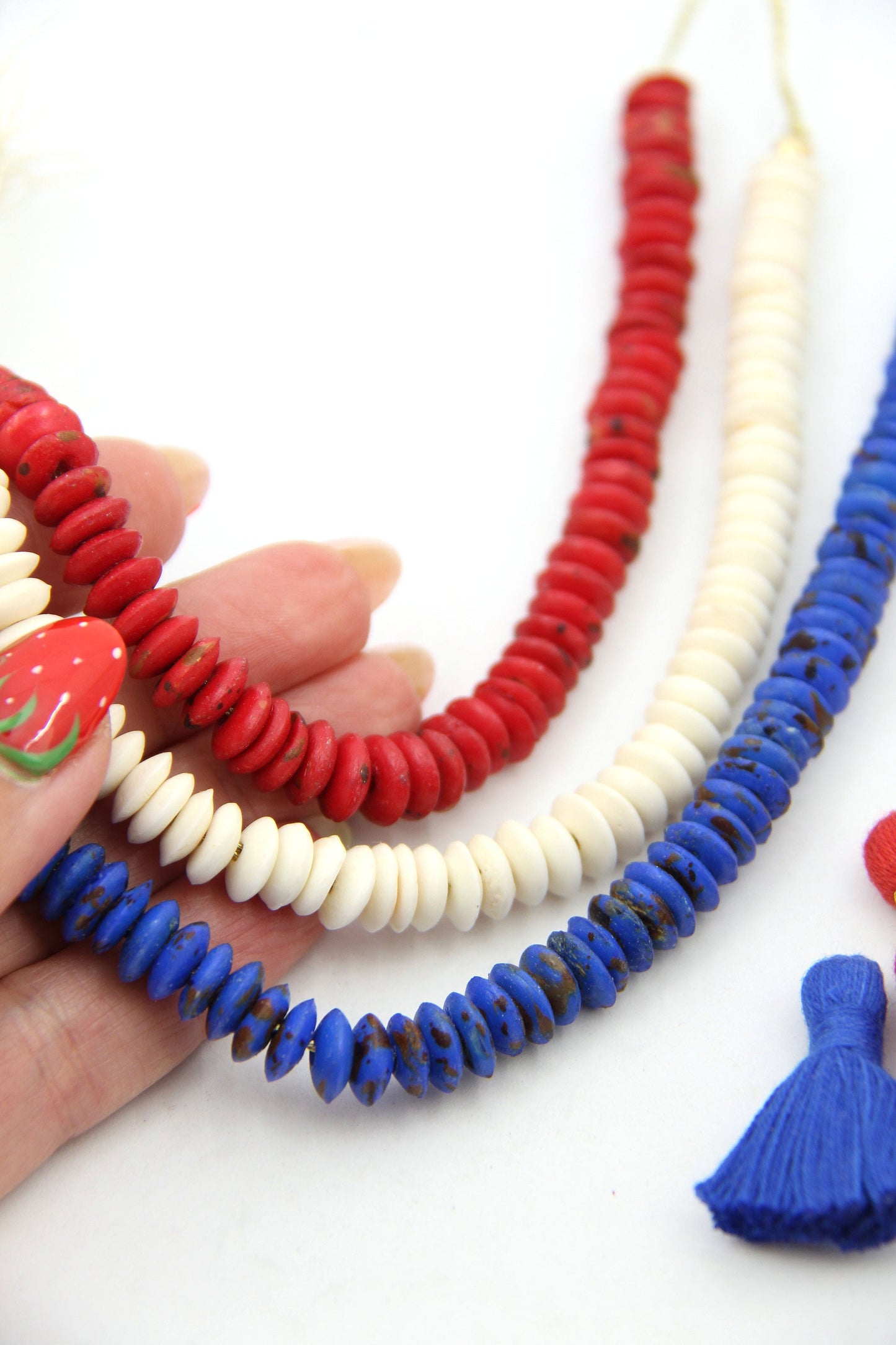 Bead Bundle: Red, White, Blue Handmade Heishi Disc Spacer Bone Beads, 9x3mm, 3 Strands, 195+ Beads