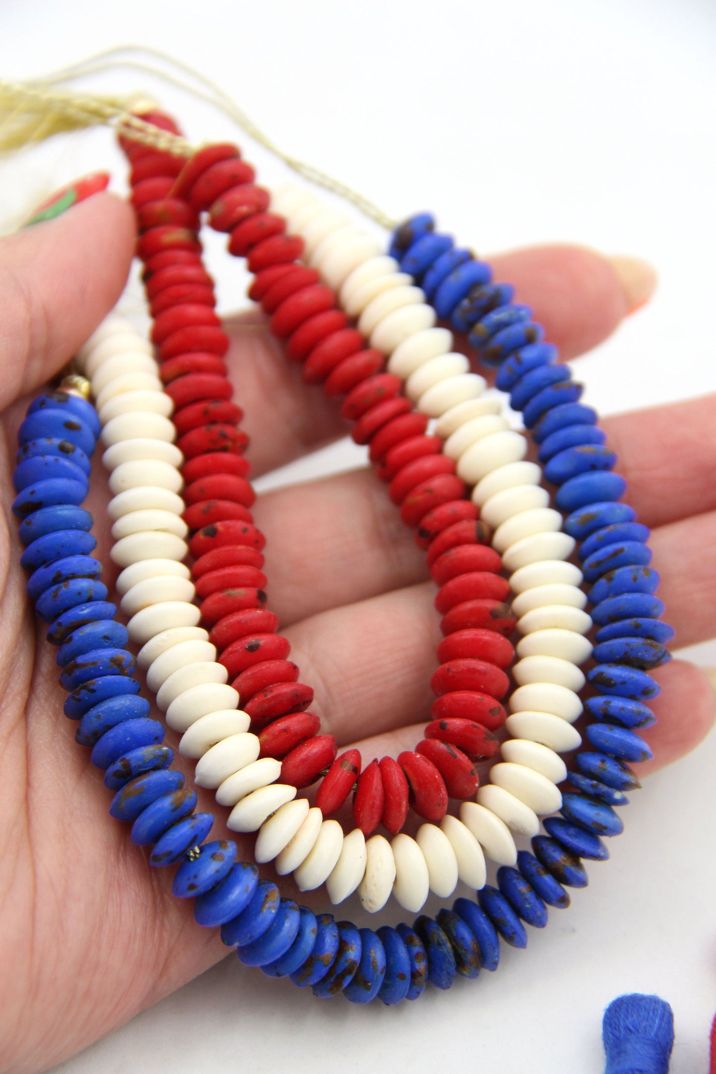 Bead Bundle: Red, White, Blue Handmade Heishi Disc Spacer Bone Beads, 9x3mm, 3 Strands, 195+ Beads