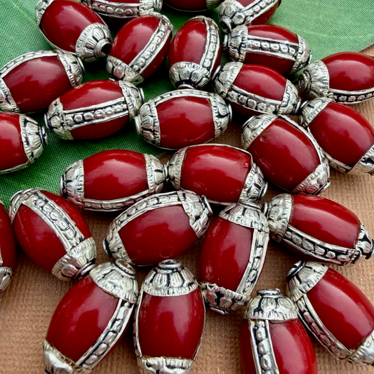 Red Resin & White Metal Oval Beads