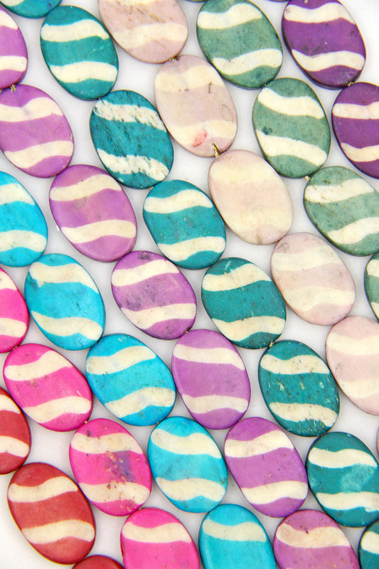 Carved Stripe Flat Oval Bone Beads, 17x24mm, 9 Easter Egg Beads