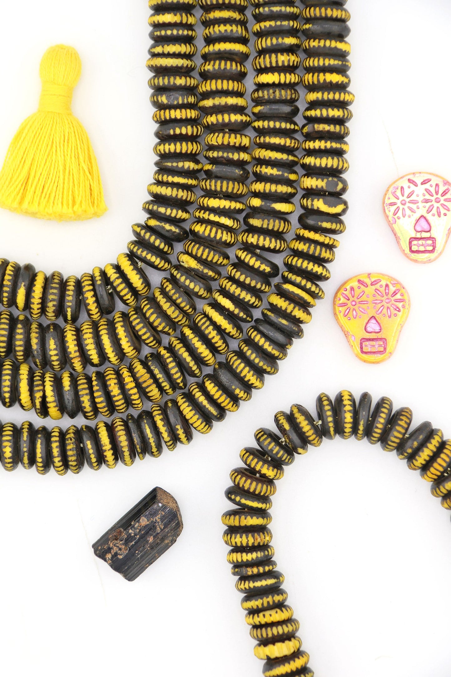 Black & Yellow Carved Rondelle Bone Beads, 10mm, for Halloween & Fall Crafts