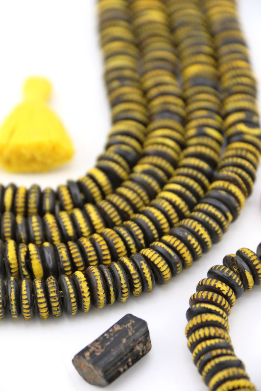 Black & Yellow Carved Rondelle Bone Beads, 10mm, for Halloween & Fall Crafts