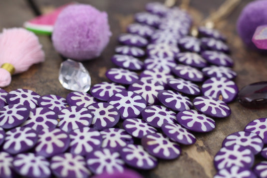 Cascading Sunburst Coin: Purple & White Painted Step Bone Beads, 16mm Charms