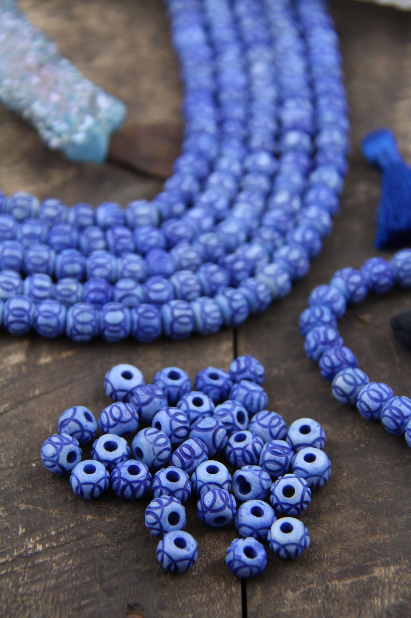 Blue Handmade Carved Rondelle Bone Beads, 8x7mm Spacer Beads