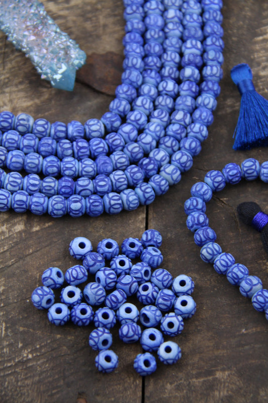 Blue Handmade Carved Rondelle Bone Beads, 8x7mm Spacer Beads