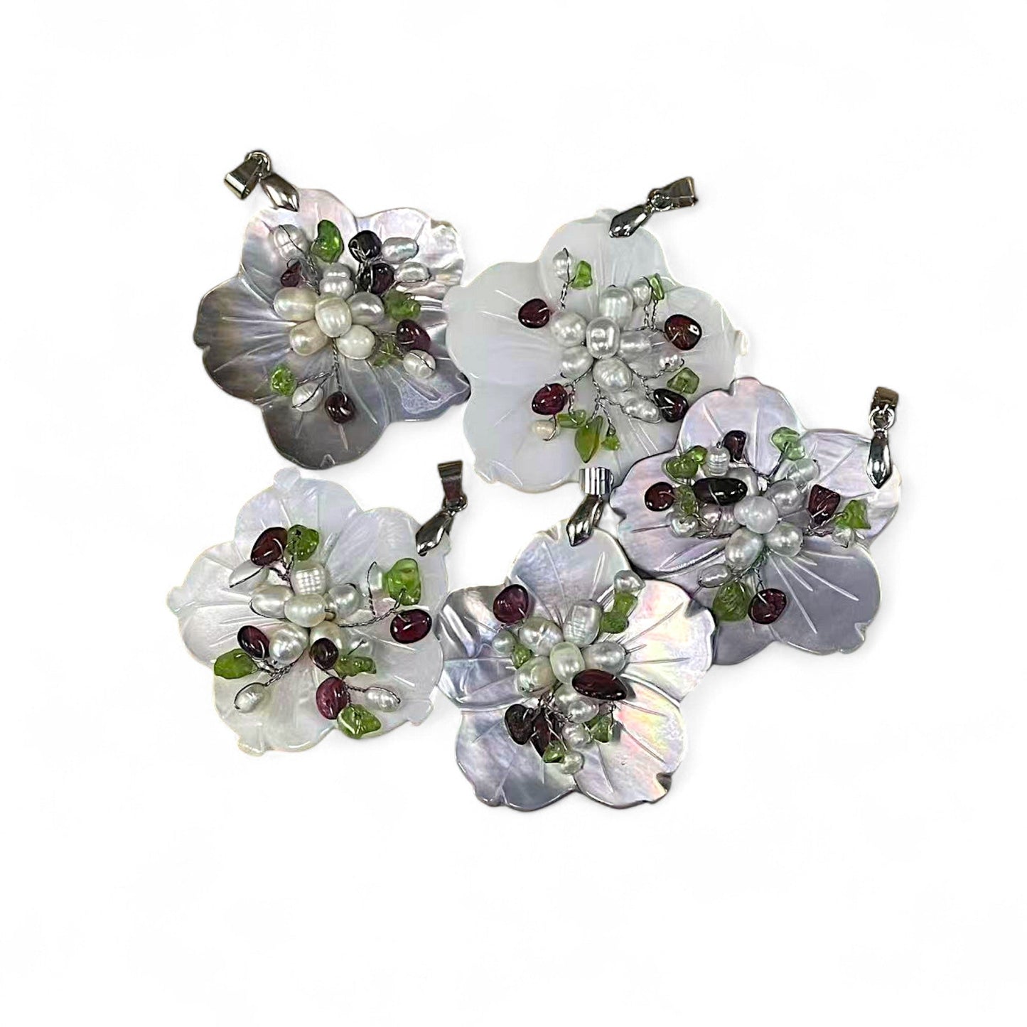 Pearl Flower shape Pendant, w/ wrapped potato Freshwater pearl, Garnet & Peridot Nuggets
