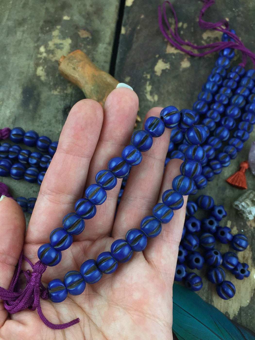 Blue Melon: Indigo Hand Carved Bone Beads, 7x9mm, 25 pieces