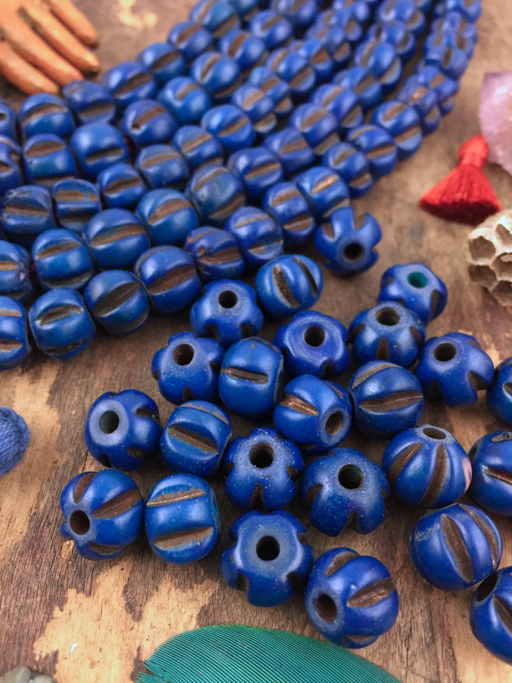 Blue Melon: Indigo Hand Carved Bone Beads, 7x9mm, 25 pieces