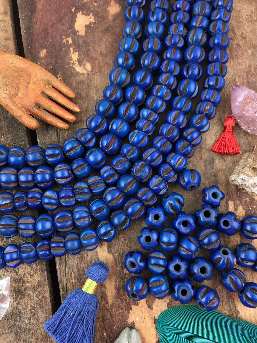 Blue Melon: Indigo Hand Carved Bone Beads, 7x9mm, 25 pieces