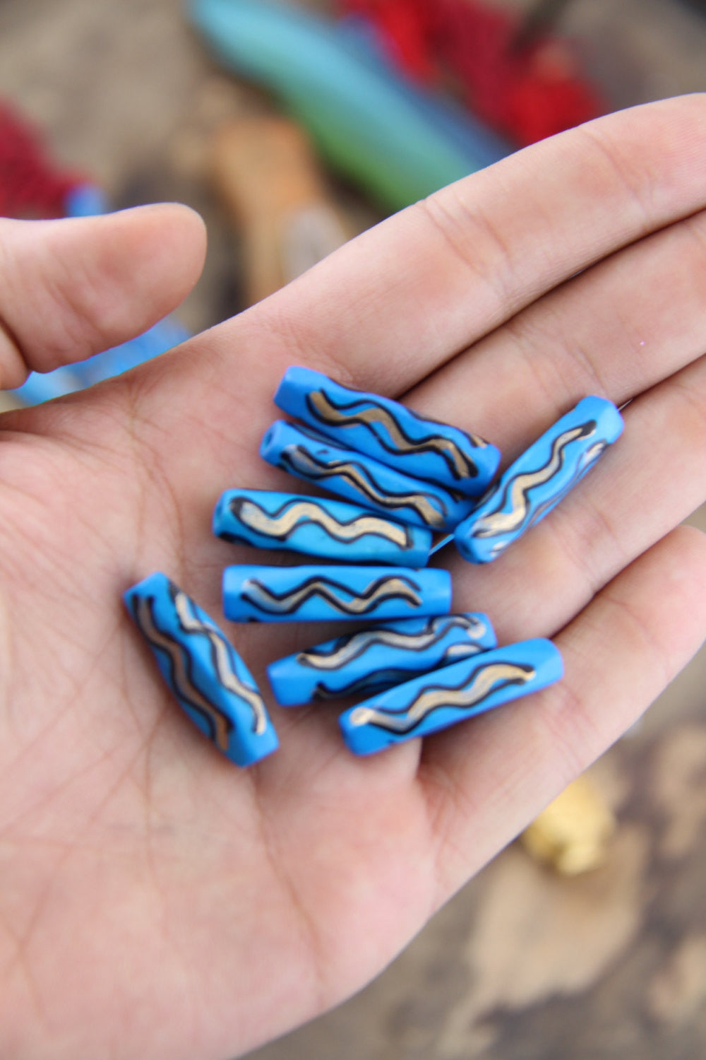 Blue Squiggle Barrel: Hand Painted Bone Beads, 7x27mm, 8 pieces