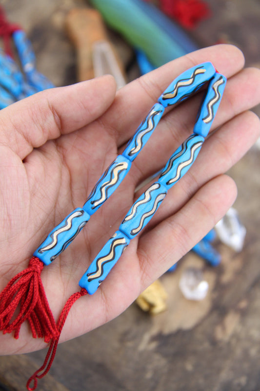 Blue Squiggle Barrel: Hand Painted Bone Beads, 7x27mm, 8 pieces