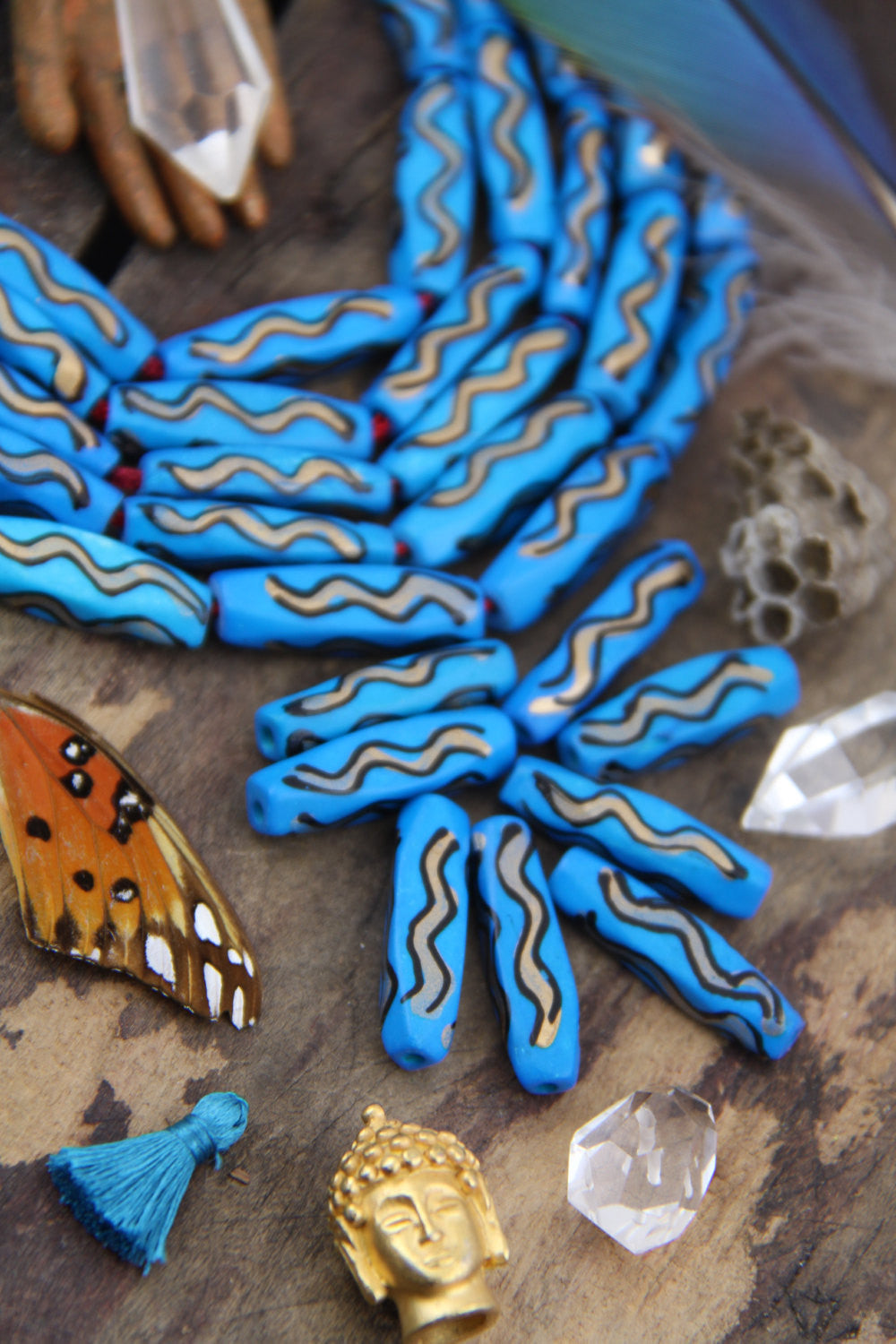 Blue Squiggle Barrel: Hand Painted Bone Beads, 7x27mm, 8 pieces