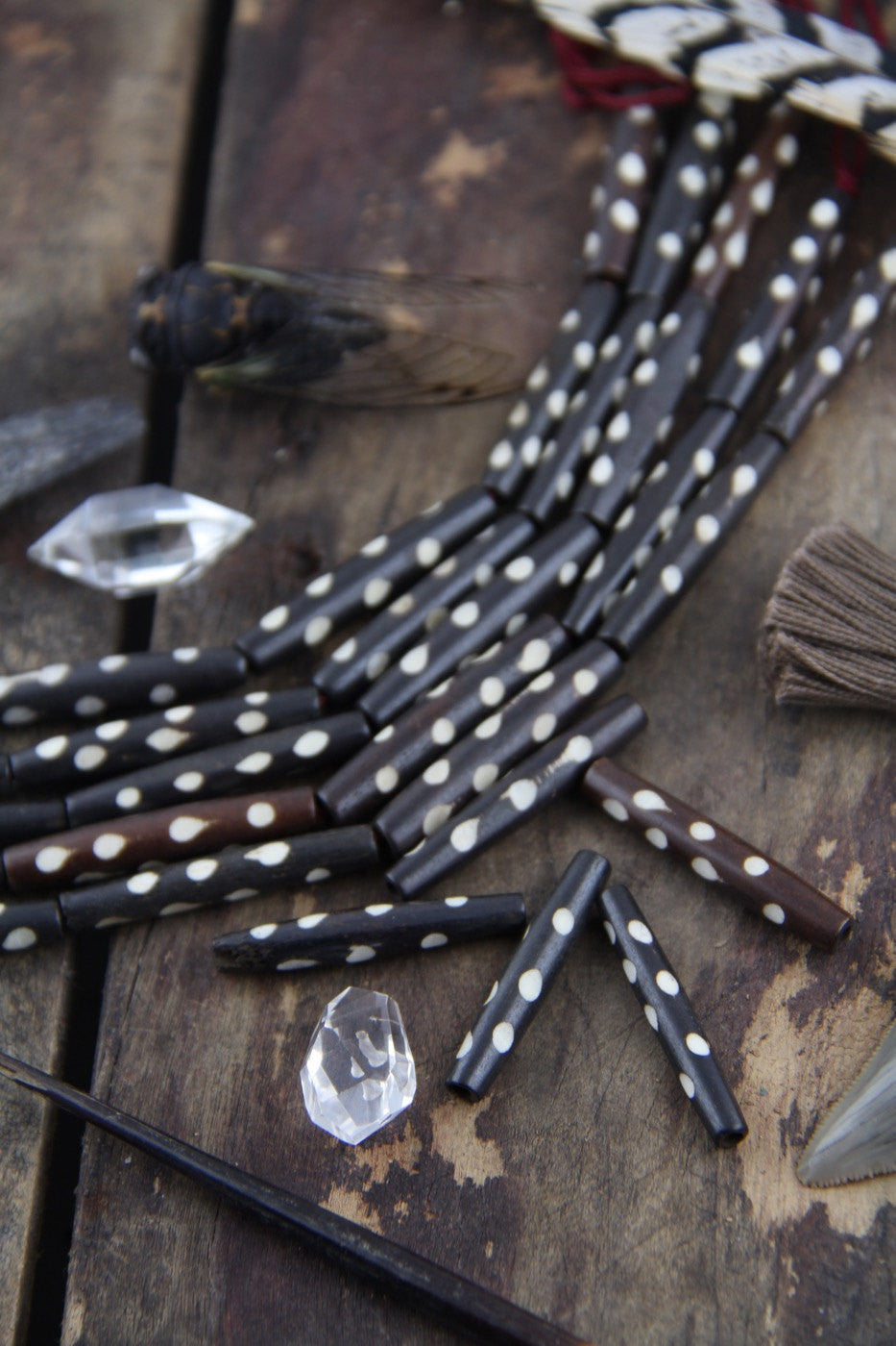 Brown Dotted Tube: White Polka Dot Bone Beads, 7x35mm, 5 pieces