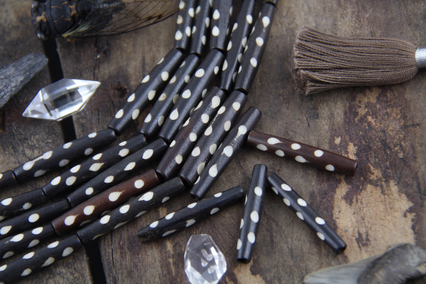 Brown Dotted Tube: White Polka Dot Bone Beads, 7x35mm, 5 pieces