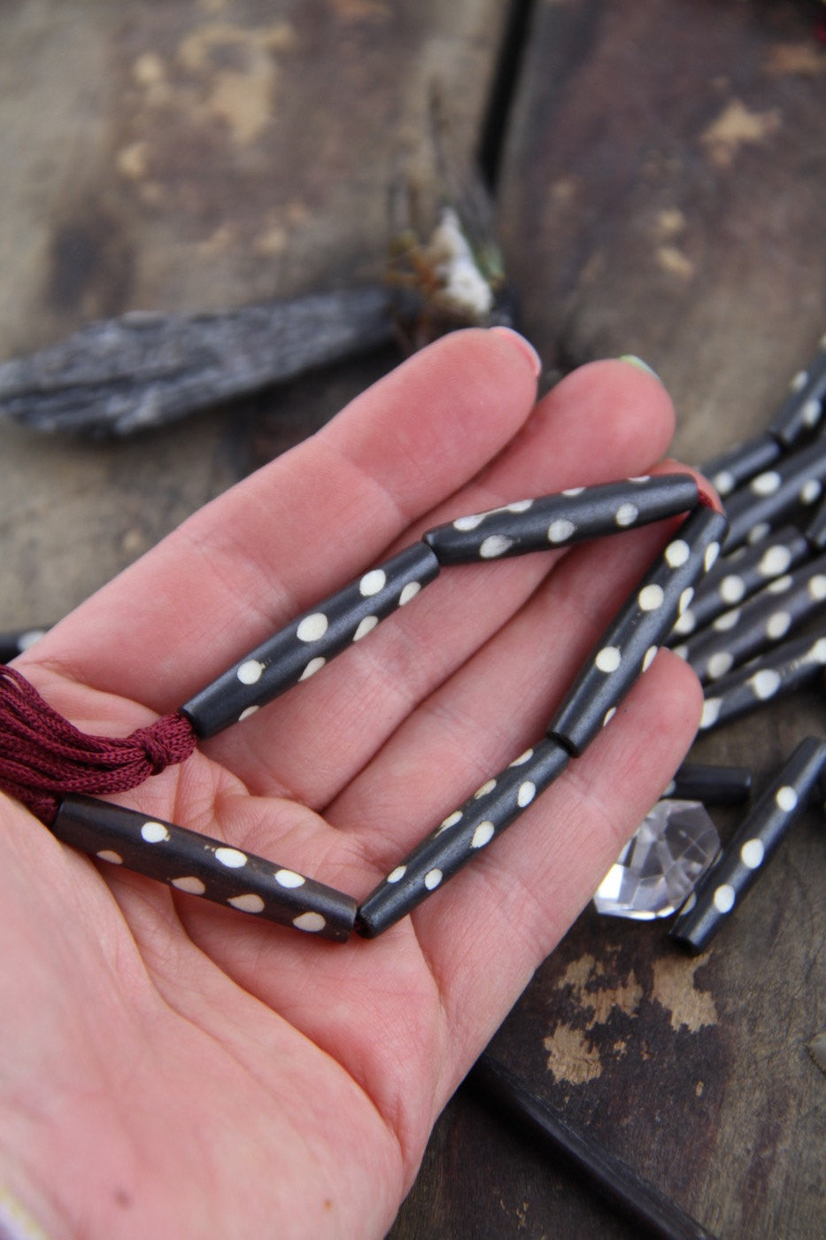 Brown Dotted Tube: White Polka Dot Bone Beads, 7x35mm, 5 pieces