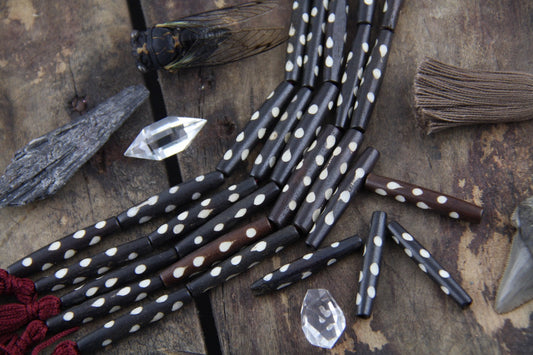 Brown Dotted Tube: White Polka Dot Bone Beads, 7x35mm, 5 pieces