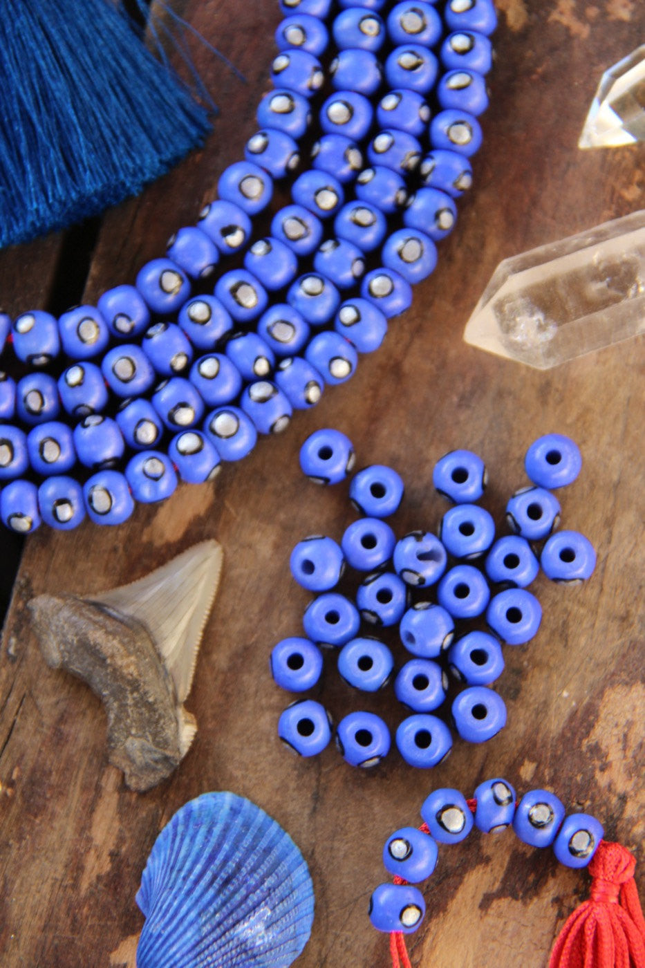 Blue Silver Spot Rondelle Bone Beads: 8x6mm, 30 Pieces