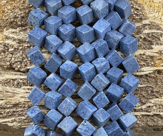 Natural Blue Coral Side Hole Cube 8-9mm 12-13mm