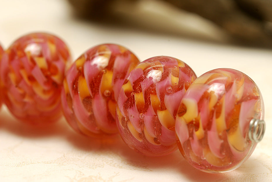 10109221 - Six Pink Hard Candy Rondelle Beads