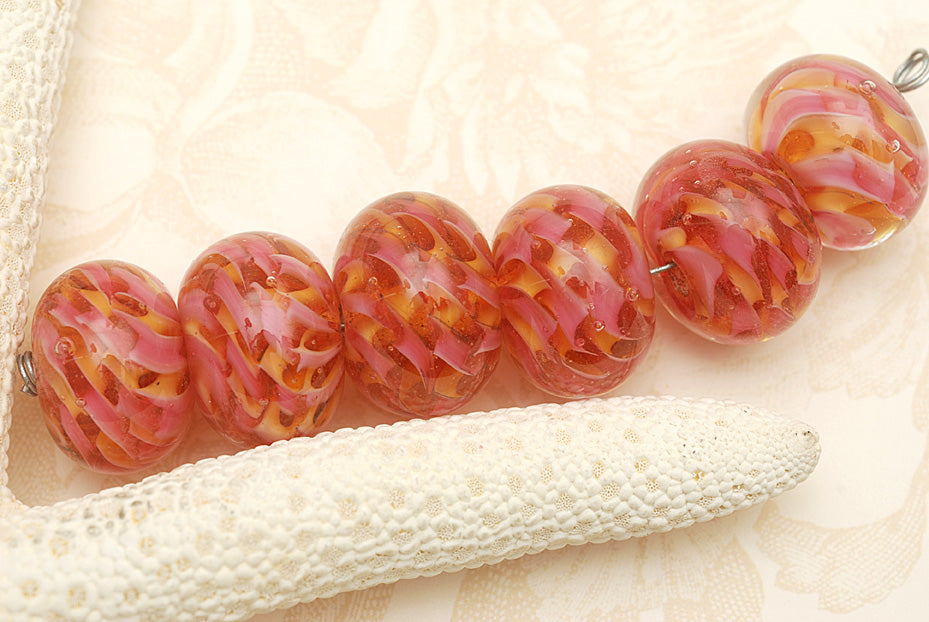 10109221 - Six Pink Hard Candy Rondelle Beads