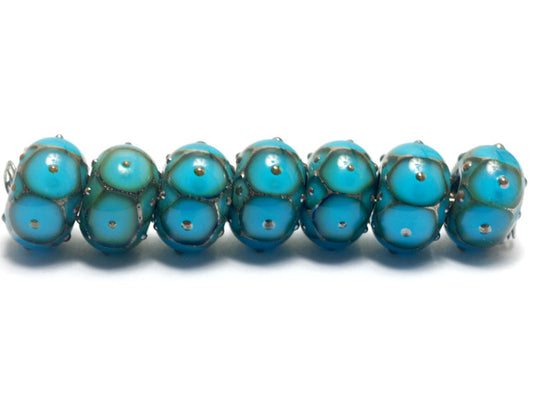 10409001 - Seven Teal Blue w/Metal Dots Rondelle Beads