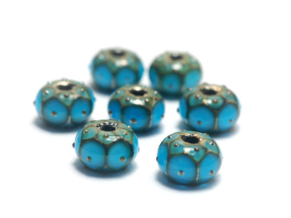 10409001 - Seven Teal Blue w/Metal Dots Rondelle Beads
