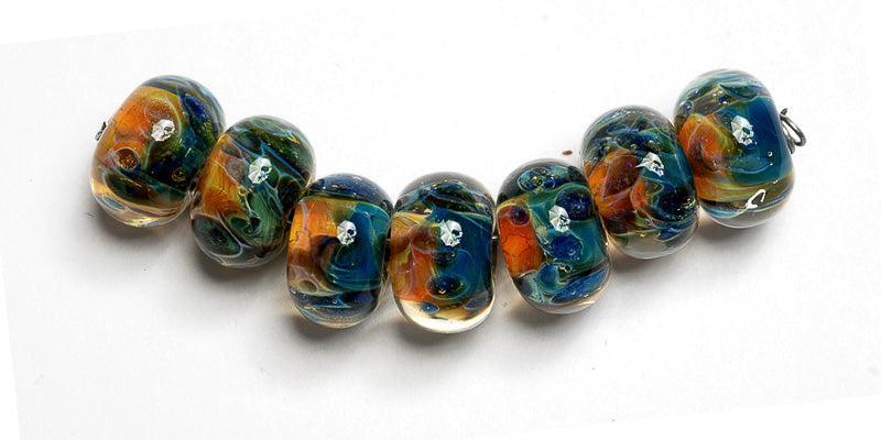 10409301 - Seven Blue & Orange Boro Rondelle Beads