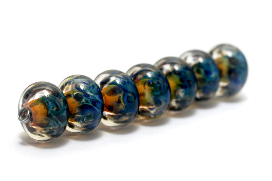 10409301 - Seven Blue & Orange Boro Rondelle Beads