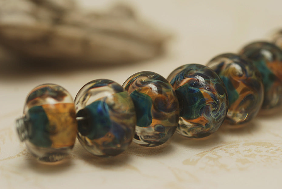 10409301 - Seven Blue & Orange Boro Rondelle Beads