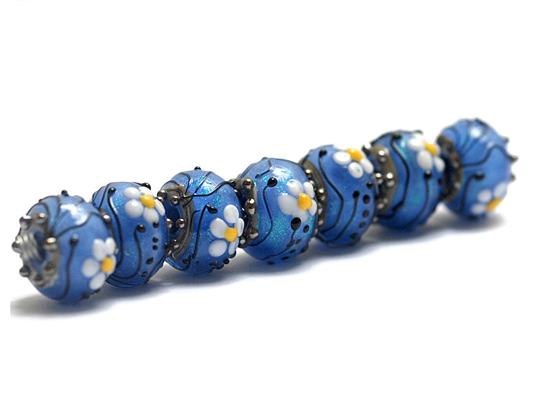 10414201 - Seven Arctic Blue Florals Rondelle Beads