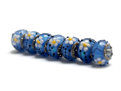 10414201 - Seven Arctic Blue Florals Rondelle Beads