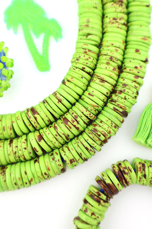 12mm Heishi Lime Green Speckled Bone Beads: Disc Spacers, 90 beads